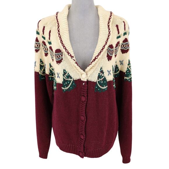 Talbots Sweaters - Talbots Sweater Womens Medium Ivory Burgundy Holiday Cardigan Hand Knit Vintage